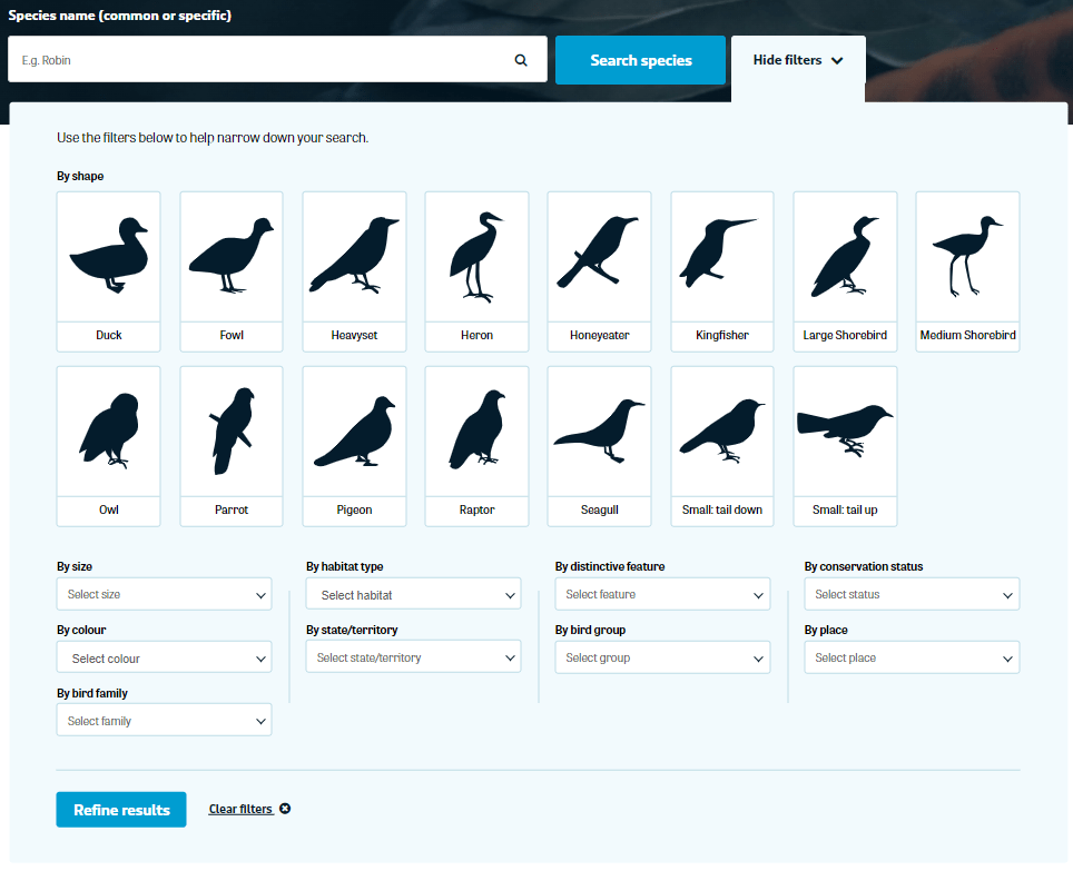 Filter options available on the Bird PRofile page. This allows you to search by shape, size, colour, bird family, habitat type, state/territory, distinctive feature, bird group, conservation status, and place.