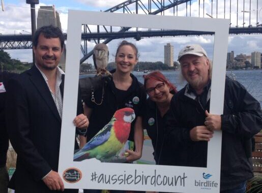 Sean Dooley, Bill, Stacey and Holly in front of the Sydney Opera House launching the Aussie Bird Count. 