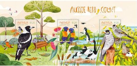 A new release of stamps from Australia Post features three common species of Australian birds, highlighting the results of BirdLife Australia’s Aussie Bird Count. A magpie, Rainbow Lorikeet and Noisy Miner. 