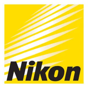 The Nikon logo is a series of horizontal white gradient bars against a bright yellow background, with the word "Nikon" in large black text at the bottom of the graphic.