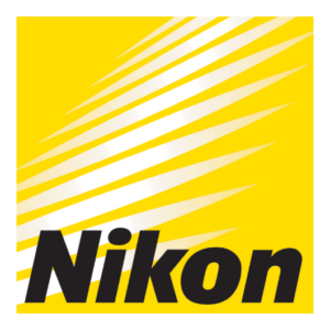 The Nikon logo is a series of horizontal white gradient bars against a bright yellow background, with the word "Nikon" in large black text at the bottom of the graphic.