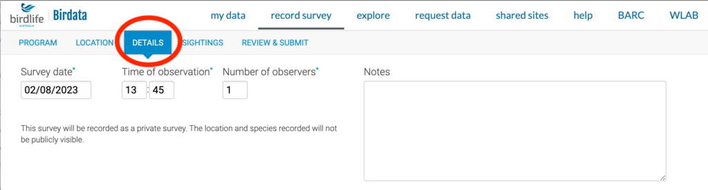 Birdata record survey details screen