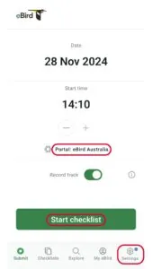 A white screenshot of the home page of the eBird app, including the date (28 November 2024), the start time (14:10) and the Portal (eBird Australia) circled in red. The words 'Start checklist' and the settings icon in the bottom right corner are also circled in red. Portal menu options in black text in the eBird app. The option 'eBird Australia' is circled in red.