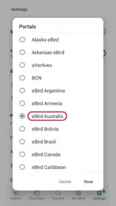 A white screenshot of the Portal menu options in black text in the eBird app. The option 'eBird Australia' is circled in red.