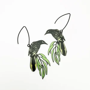Regent Honeyeater bird earrings in black, yellow and green made from recycled stainless steel