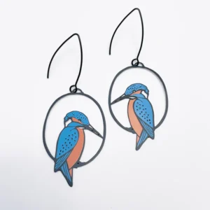 Azure Kingfisher bird earrings in black, blue and orange made from recycled stainless steel
