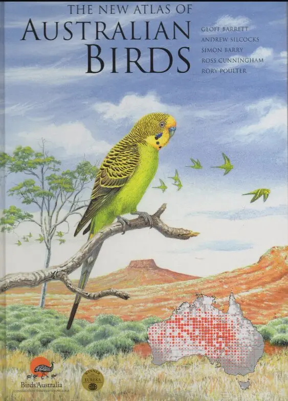 The cover of The New Atlas of Australian Birds, featuring a drawing of  Budgerigars in the outback, 