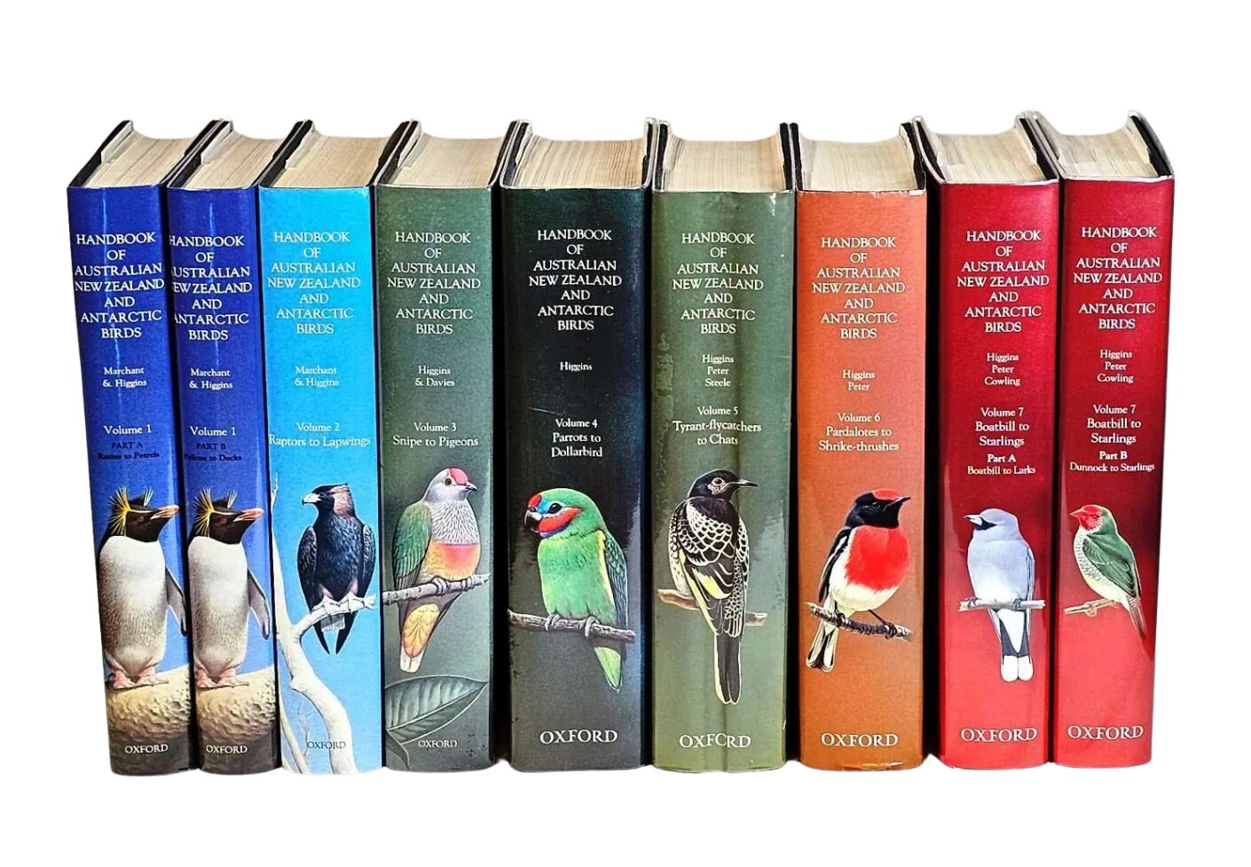 A photograph of the nine HANZAB books in a row. The spine of each volume includes an illustration of an Australian bird. 