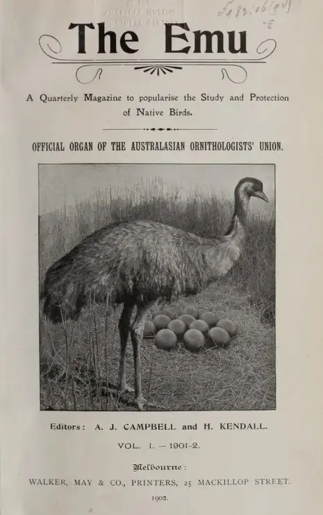 A scan of the black and white cover of the first volume of The Emu, the oldest ornithological journal published in Australia.