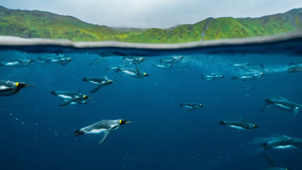 An underwater portrait of King Penguins diving underwater, with the green slopes of Macquarie Island visible in the background.